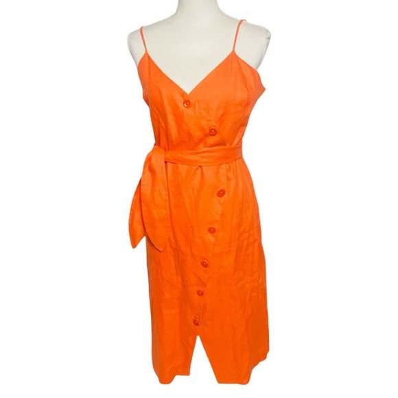 JOIE Women Medium Orange V Neck Carnell Belted Linen Wiggle Pencil Dress NEW - Picture 4 of 12